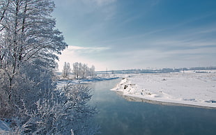 body of water, landscape, winter, snow, river