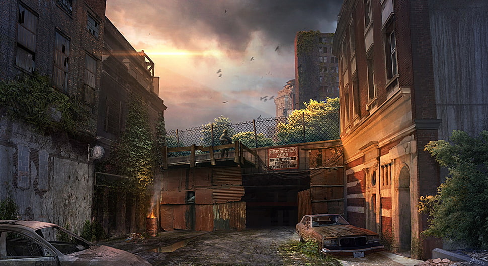 brown painted building, apocalyptic, artwork, ruin, sky HD wallpaper