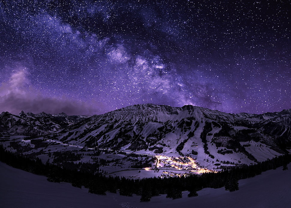 mountain under sky with stars illustration, stars, night, landscape, starry night HD wallpaper