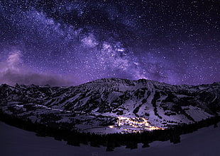 mountain under sky with stars illustration, stars, night, landscape, starry night