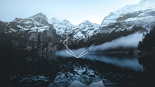 gray and white mountain logo, mountains, water, photography, digital art