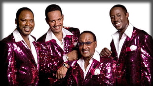 four men wearing glittered maroon suits