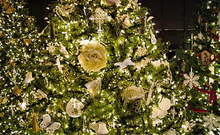 photo of green artificial pine tree with yellow artificial flower ornaments and string lights