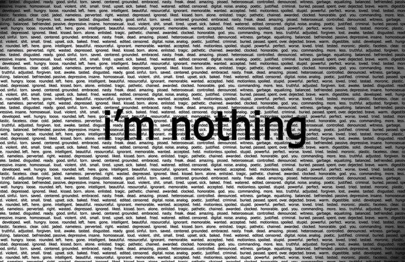 gray background with i'm nothing text overlay, paper, books, typography