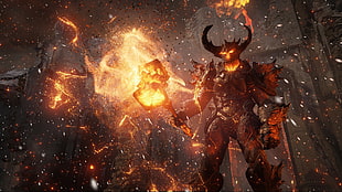 black fiery demon with a mallet digital wallpaper