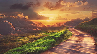 road and grassland during sunset, clouds, grass, road, sunset