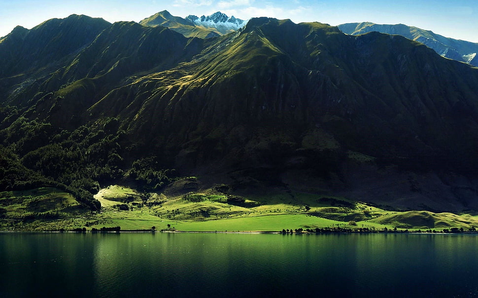 mountain range beside lake, landscape, mountains, nature HD wallpaper