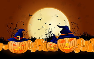 jack 'o lanterns wearing wizard hat Halloween themed illustration