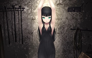 black-haired female anime character wearing black sleeveless dress