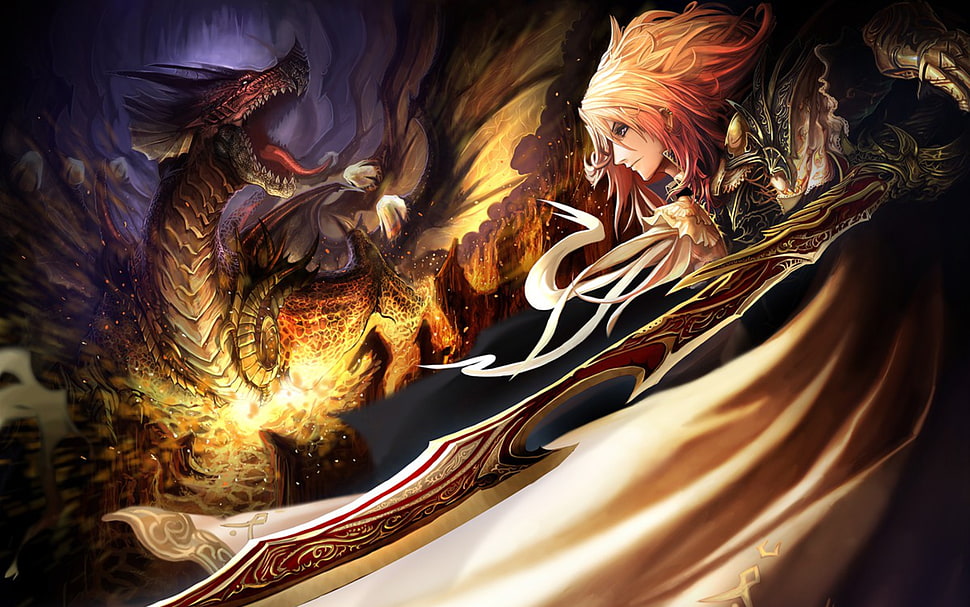 dragon and male character digital wallpaper, anime, dragon, knight, fantasy art HD wallpaper