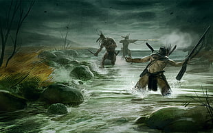 three men holding weapons walking in river wallpaper, video games, warrior, river, Empire: Total War