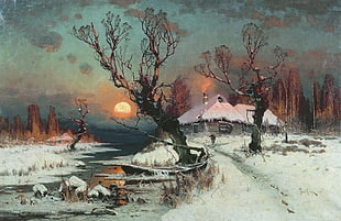 frozen river painting, painting, landscape, winter, artwork HD wallpaper