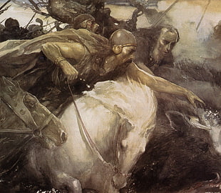 man riding horse painting, painting, medieval, war, horseman