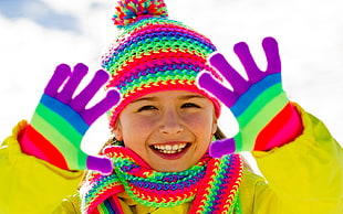 girl in multi-colored suit and gloves HD wallpaper