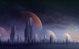 cityscape painting, science fiction, planet HD wallpaper
