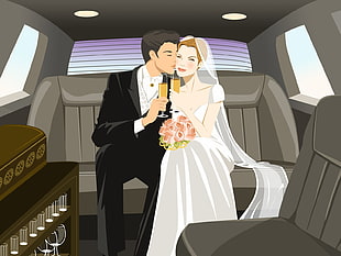 bride and groom sitting inside car graphic animation