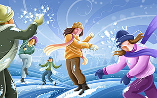 playing on snow illustration HD wallpaper