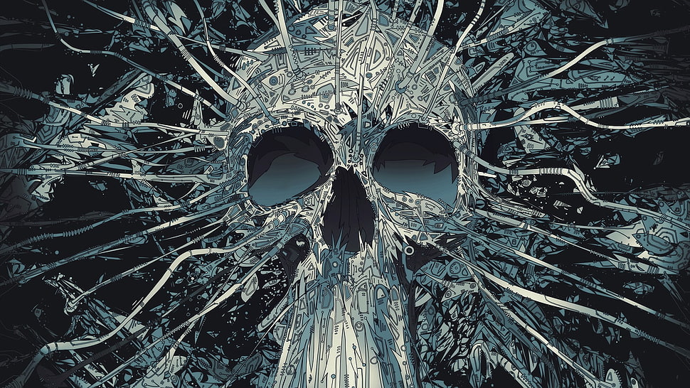 black and white human skull illustration, skull, Matei Apostolescu, monochrome, digital art HD wallpaper