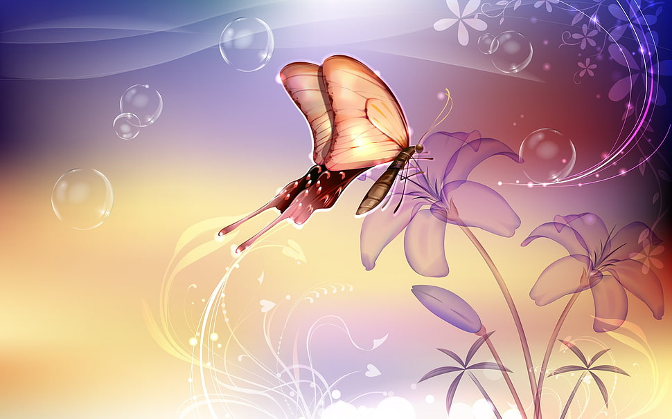 brown Butterfly on purple flower illustration HD wallpaper