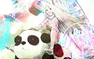 woman riding a panda anime character HD wallpaper