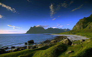 green mountain and blue sky, Norway, beach, rock, mountains