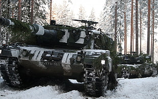black battle tank, tank, snow