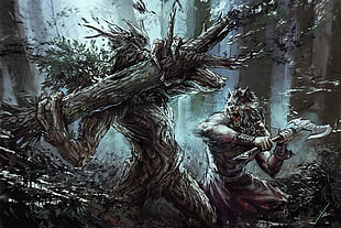 wolf and tree illustration, werewolves, fantasy art, artwork