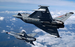 two gray fighter jets, Eurofighter Typhoon, jet fighter, airplane, aircraft