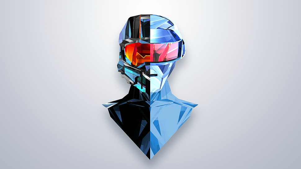 blue and red robot head digital wallpaper, digital art, artwork, Justin Maller HD wallpaper