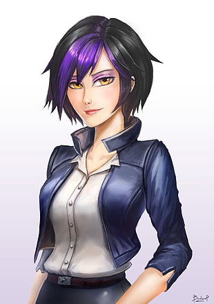 purple-haired female anime character, Go Go Tomago, Big Hero 6, movies, animated movies HD wallpaper