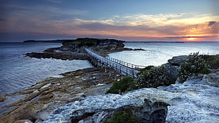 gray beach dock, nature, sunset, sea, bridge HD wallpaper