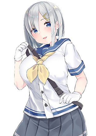 female anime character illustration, Hamakaze (KanColle) , Kantai Collection, school uniform, white background