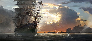 white and gray ship painting, artwork, ship, sailing ship, Assassin's Creed: Black Flag