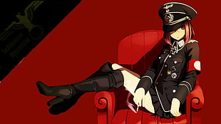 photography of woman cartoon anime wearing hat sitting on red armchair HD wallpaper
