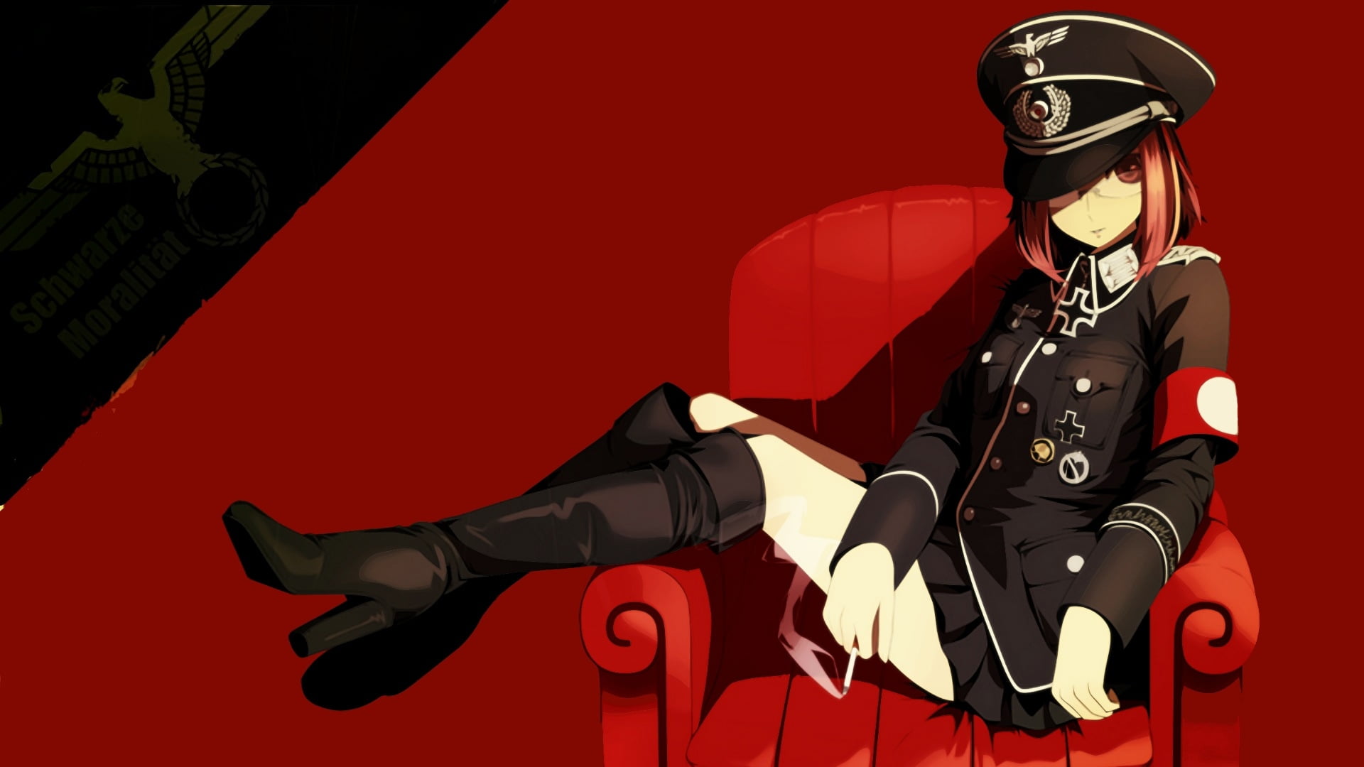 Photography of woman cartoon anime wearing hat sitting on red armchair HD  wallpaper | Wallpaper Flare