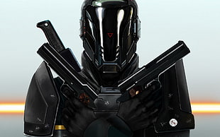 black robot costume, soldier, gun, pistol, futuristic