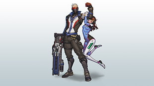 man holding gun beside woman cartoon character, Soldier: 76, D.Va (Overwatch), Blizzard Entertainment, Overwatch