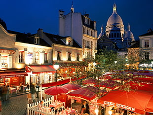 red Chez Eugene canopy, cityscape, Sacre-Coeur, Montmartre, Paris HD wallpaper