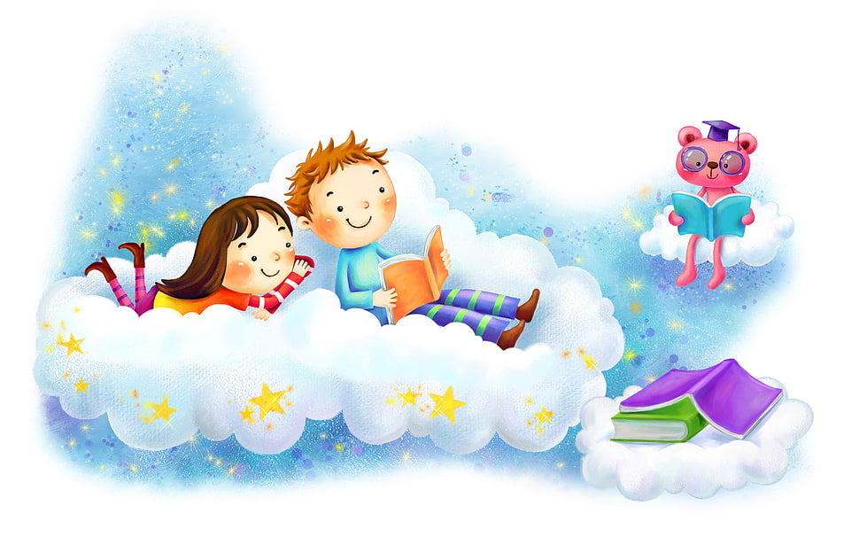 man and woman sitting on clouds while reading a book painting HD wallpaper