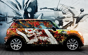 multicolored 3-door hatchback, car, vehicle, graffiti, Mini