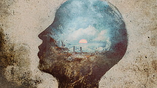 painting of head with cloud and buildings, musician, Earthside, progressive rock