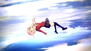 pink haired female anime character falling from above