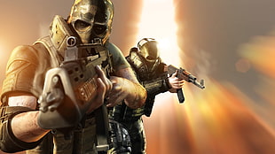 two men in brown and black tactical suits with rifles digital gaming wallpaper