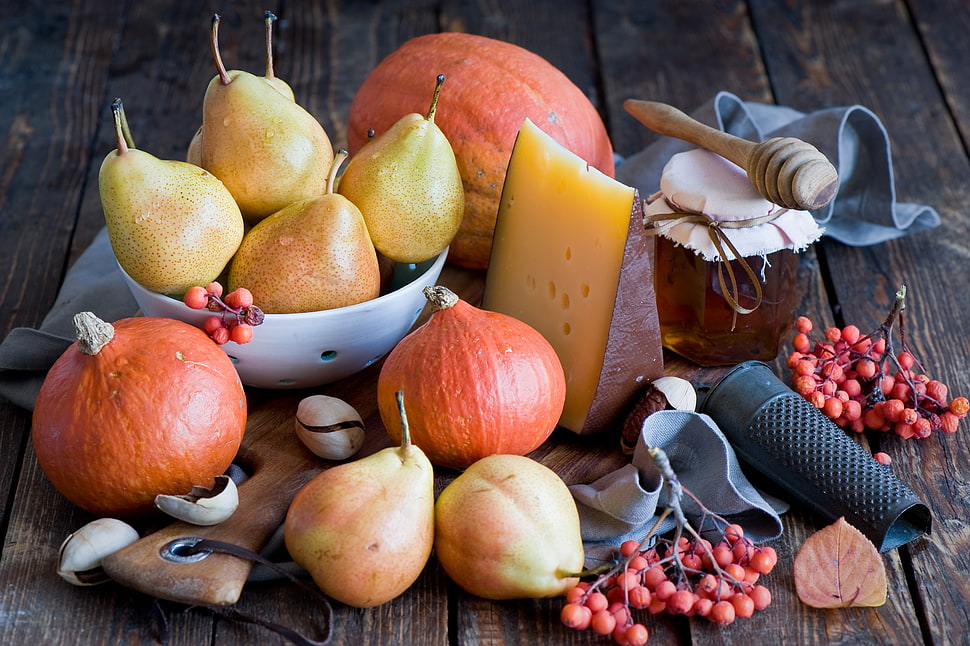assorted fruits, veggies, and sliced cheese HD wallpaper