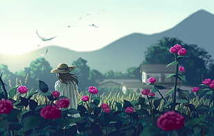 white and pink floral table lamp, original characters, flowers, birds, straw hat HD wallpaper