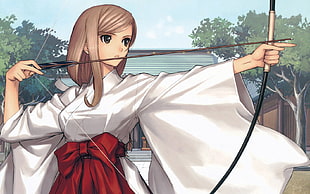 woman holding brown and black bow anime illustration