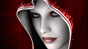 close-up photo of woman character with red veil