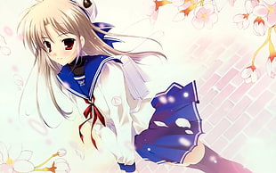 female wearing blue and white long-sleeved school uniform anime character graphic wallpaper