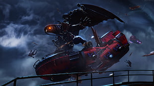 robot with wings riding red boat digital wallpaper