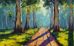 dirt road between trees painting, painting, path, forest, sunlight